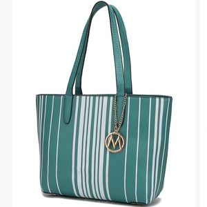 Teal/white stripe tote bag